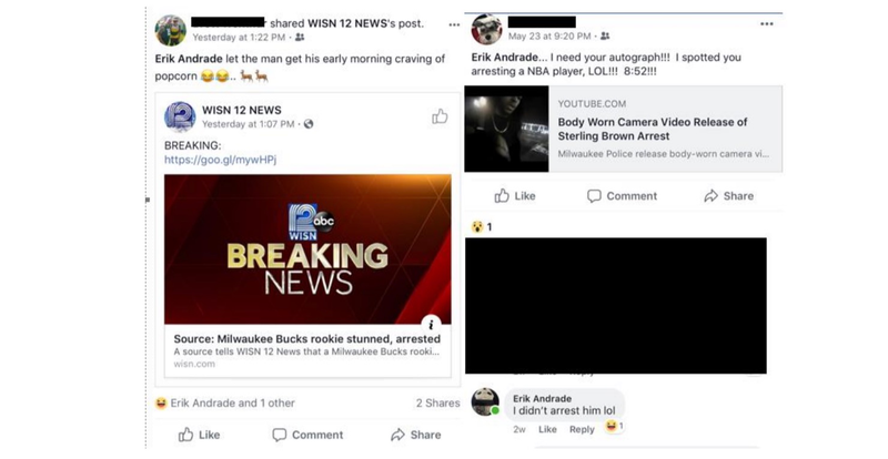 Illustration for article titled Lawsuit: Milwaukee Officer At Sterling Brown Arrest Joked About It On Facebook, Hoped To Do The Same To J.R. Smith
